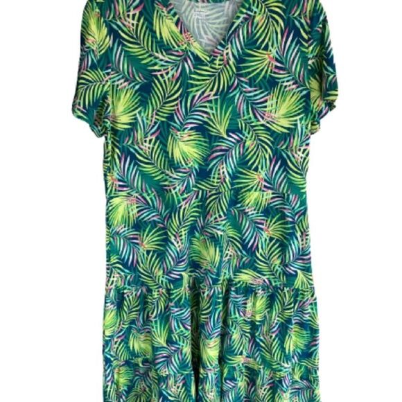 Land’s End Dress Short sleeve tiered dress Baltic teal palm knit pockets Med T - Picture 4 of 14